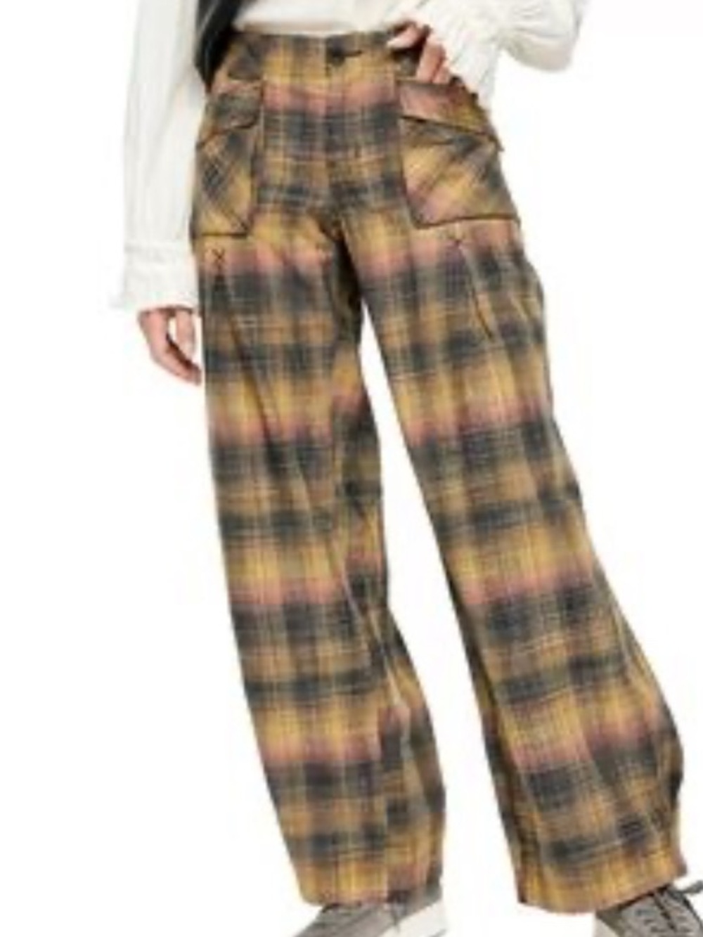 Free People Boho Relaxed Birch Wide Leg Plaid Cotton Cargo Pants, Women’s 10